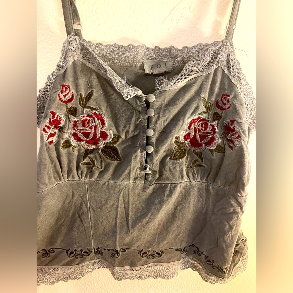 Grey embroidered spaghetti strap crop top